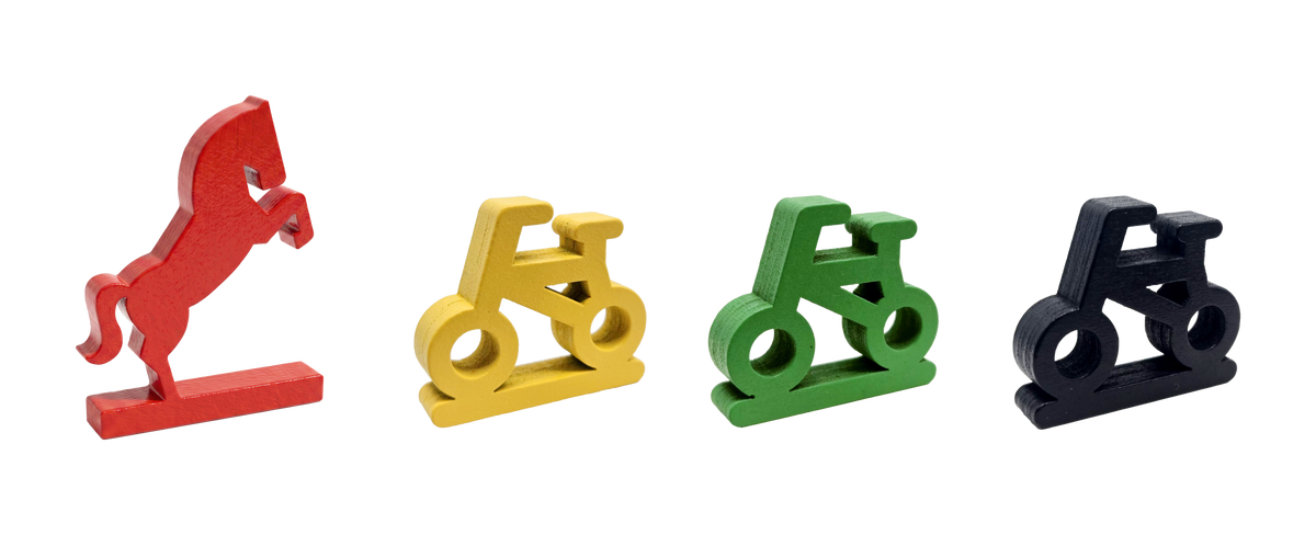 Spielfiguren aus Holz: Westfalenpferd und Leezen in Rot, Gelb, Grün und Schwarz